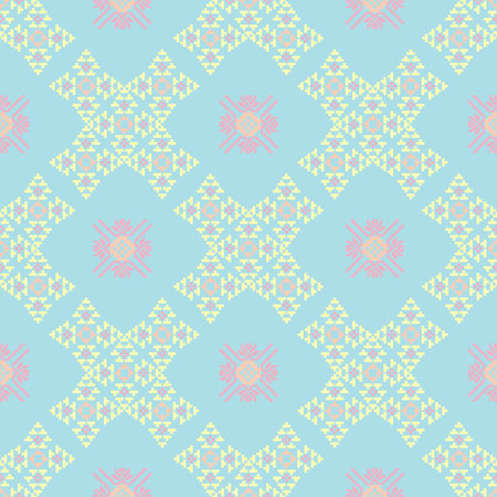Blue and yellow cross-stitch ethnic boho  pattern. Tribal pattern. Folk motif. Textile rapport....