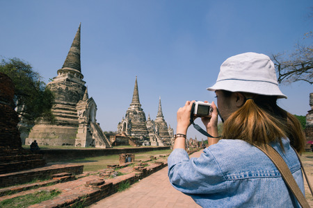 Asian woman travel ancient city at Thailand. Travel ancient city at Ayutthaya in Thailand.Travel Thailand.のeditorial素材
