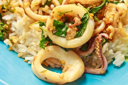 squids fried with chilli pepper and sweet basil on rice,thai foodの写真素材