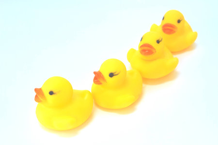 Yellow rubber duck toy on White Backgroundの写真素材