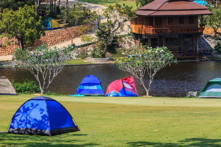 Colorful tent on the camping ground of national parkの写真素材