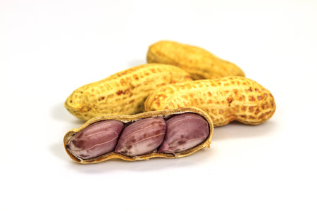 Dried peanuts in closeup on white background