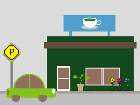 coffee shop store or cafe and car parkのイラスト素材