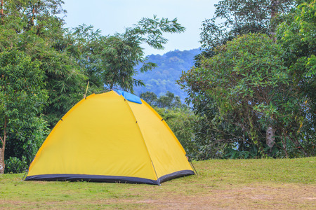 Camping in the wilderness, tent on campground in morningの写真素材