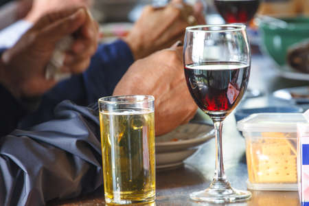 beer and wine on the table, Food Beverage Party Meal Drink Conceptの写真素材