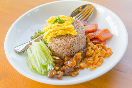 Mixed Cooked Rice with Shrimp Paste Sauce , Thai foodの写真素材