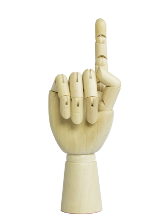 Wooden hand model isolated on white backgroundの写真素材