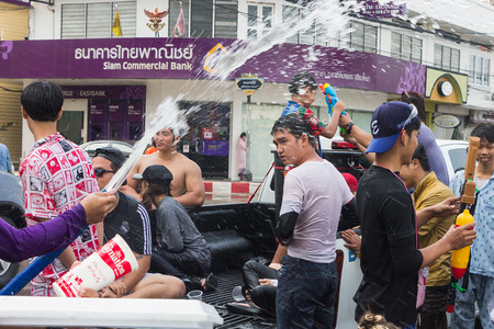 CHIANG MAI THAILAND - APRIL 14 : Chiangmai Songkran festival.Unidentified  traveler  enjoy and fun with splashing water at Tha Pae road.on April 14, 2015 in Chiangmai,Thailand.のeditorial素材