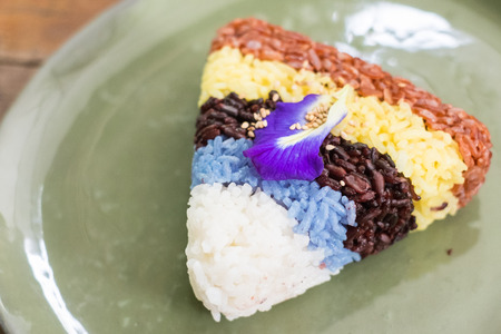 Colorful  Rice -Riceberry , Brown rice , Jasmin rice , Saffron rice , Butterfly Pea riceの写真素材