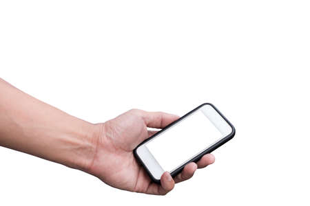Hand holding smart phone on white background with clipping pathの写真素材