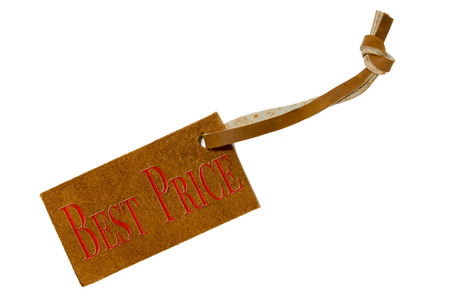 Leather price tag isolated on white background with clipping pathの写真素材