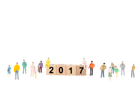 New year concept , Crowd of people with Wooden block Word 2017  on white backgroundの写真素材