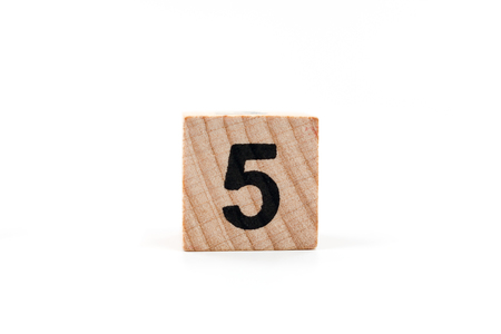 Wooden block Number five on white backgroundの写真素材