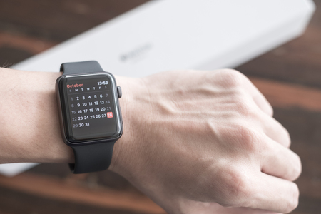 Chiang Mai , Thailand - October 28 2017, Smart watch ,  Apple Watch Series 3 (GPS)Space Gray Aluminum Case with Black Sport Bandのeditorial素材