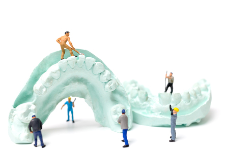 Miniature Worker team is filing fake teeth and placing them in a denture made with plaster. Dental prosthesis laboratory.の写真素材