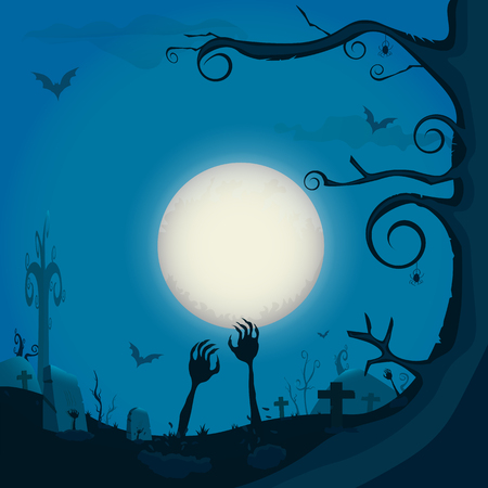 Zombie hand on The ground , Halloween night background with full Moon,  Vector illustration.のイラスト素材
