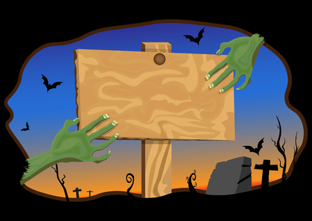 Zombie hand holding Wooden Board up from the grave in the cemetery at night  ,vector illustrationのイラスト素材