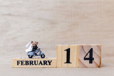 Miniature people couple with wooden block 14 FEB on wooden background, happy valentines day conceptの写真素材
