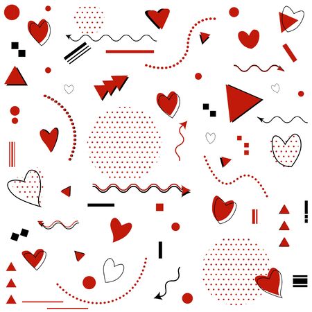 Memphis pattern for Happy Valentine's Day celebration with symbols in retro 80s, 90s memphis style. Vector illustrationのイラスト素材