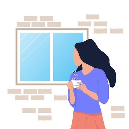 Woman look out of windows. Self-isolation during an epidemic. Stay home concept. vector illustrationのイラスト素材