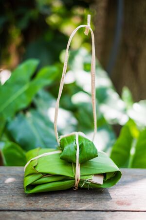 Package made from green banana leaf and nature rope , Ecology conceptの写真素材