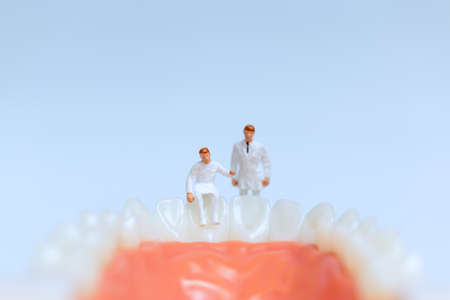 Miniature people : Dentist observing and discussing about human teeth with gumsの写真素材