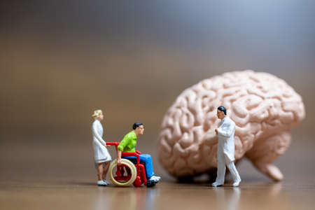 Miniature people, Surgeon spoke with patient about brain injuries. Medical healthcare and surgical doctor service concept.の写真素材