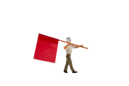 Miniature people holding Megaphone with flags isolated on white background with clipping path