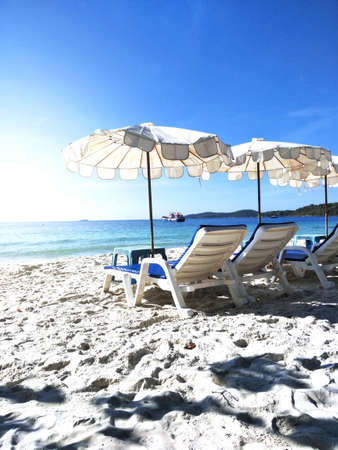 Front View Landscape on Beach, Sand With Sea  Outdoor Chair on Beach, Empty Sand, Empty Space For...