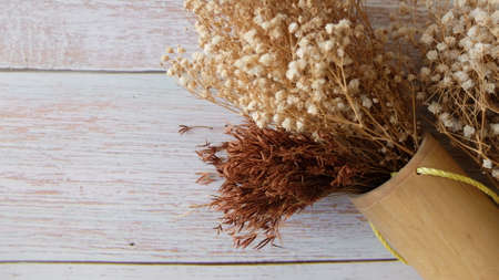 Top View Dry Flowers on Table, Dry Flowers  Background, Empty Space For Textの写真素材