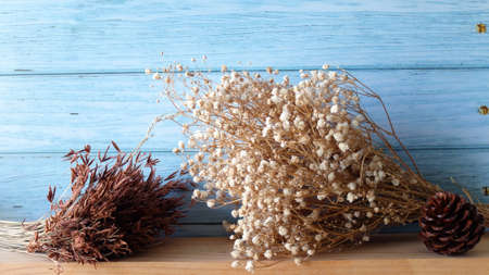 Front View Dry Flower on Wooden Table, Dry Flower Background, Empty Space For Text