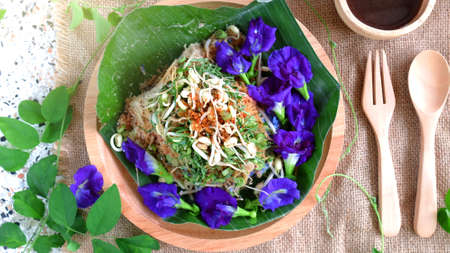Top View Spicy Rice Salad With Vegetable, Southern Thai spicy rice Salad with Vegetables With Pea...