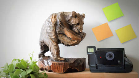 Front View Retro Camera With Sculpture on Table, Working Retro Camera Decoration on Table, Vintage...