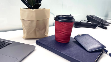 Coffee Cup With Stationary on Table, Cup With Stationary, Empty Space, Close up...