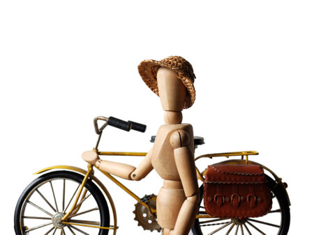Wood Human With Travel, Drive Bicycle, Backpack, Travel Trip Conceptの写真素材