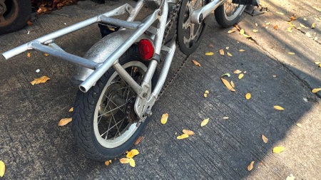 Bicycle on the road with fallen leaves in autumn season, Thailand.