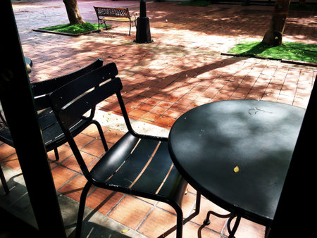 Black chairs and table in the garden at morning. Toned.の写真素材