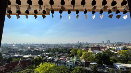 Bangkok city view from the window of a temple, Thailand.の写真素材