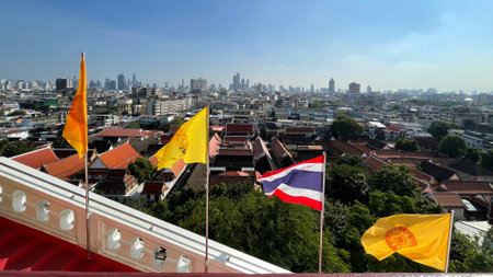 Bangkok cityscape and Thai Flag, Architecture of Temple, Temple Mountain, Bangkok, Thailandの写真素材