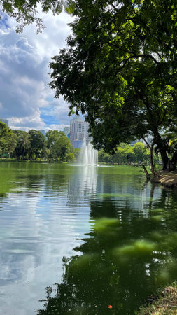 Beautiful view of the lake in the park at bangkok Thailandの写真素材