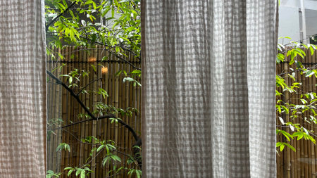 Curtains in the garden with green plants and bamboo fence.の写真素材