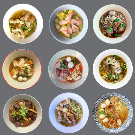 collection of various chinese soup on gray background. each one is shot separatelyの写真素材