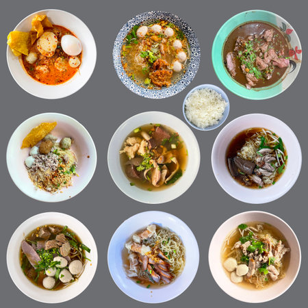 Collage of traditional Thai soup with vegetables, meat and fish.