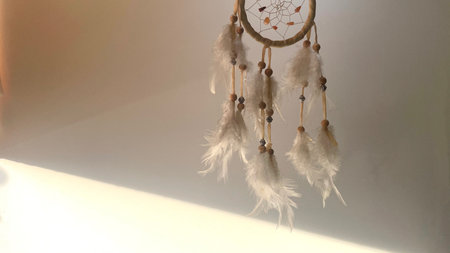 Dreamcatcher with feathers on a white background. Boho style.の写真素材