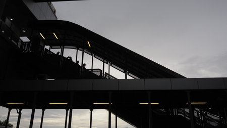 View of the modern architecture of a modern building in the evening.