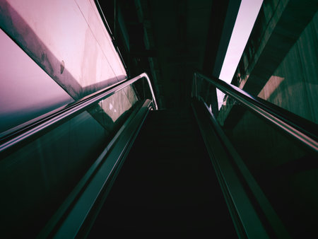 Escalator in a modern office building, closeup of photoの写真素材