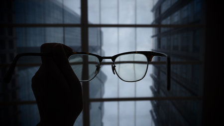 Silhouette of businessman hand holding eyeglasses against office buildingの写真素材