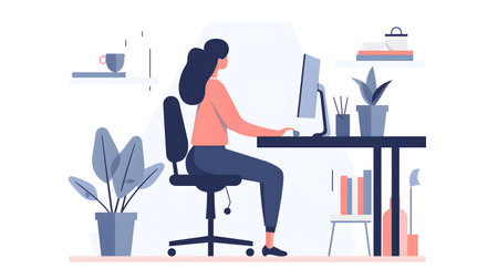 Woman working from home. Businesswoman sitting at desk and using laptop, Flat illustration, Generative AI toolsの素材