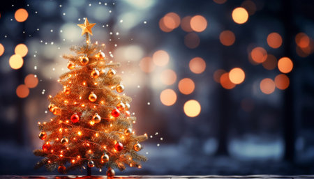 Christmas banner with blank space for text, xmas tree and sparkle bokeh lights , Generative AI toolsの素材