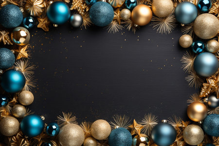 Christmas frame of golden and blue Christmas decorations on  chalk board , AI generatedの素材
